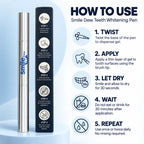 How to use Smile Dew teeth whitening pen in five steps: twist, apply, let dry, wait, and repeat.