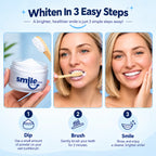 How to use Smile Dew teeth whitening powder in three steps: dip wet toothbrush, brush gently, rinse.