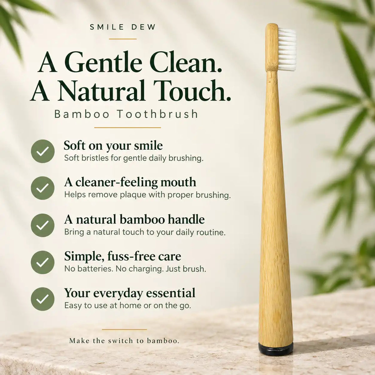 Smile Dew soft bristle bamboo toothbrush with five benefits highlighting gentle brushing, plaque removal and everyday use.