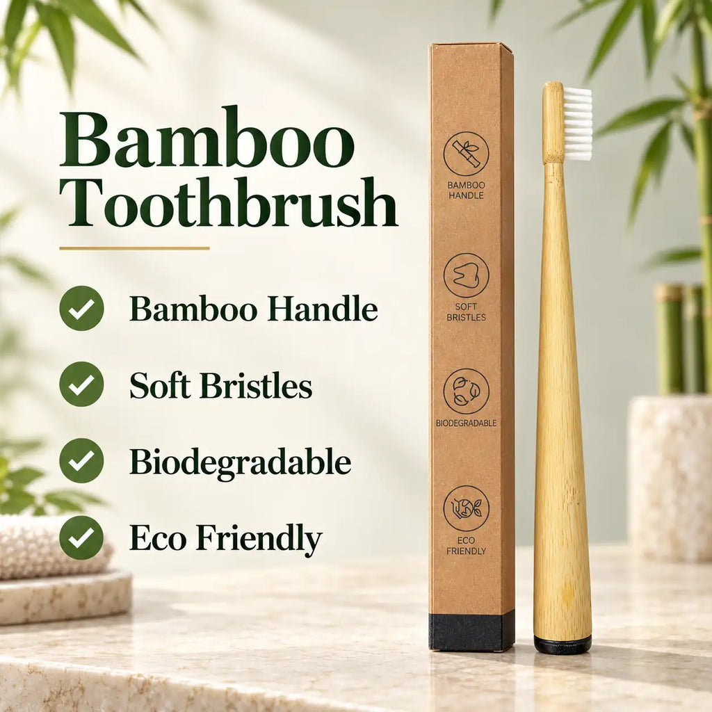 Smile Dew bamboo toothbrush beside its kraft box, with a feature checklist highlighting the bamboo handle and soft bristles.