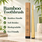 Smile Dew bamboo toothbrush beside its kraft box, with a feature checklist highlighting the bamboo handle and soft bristles.