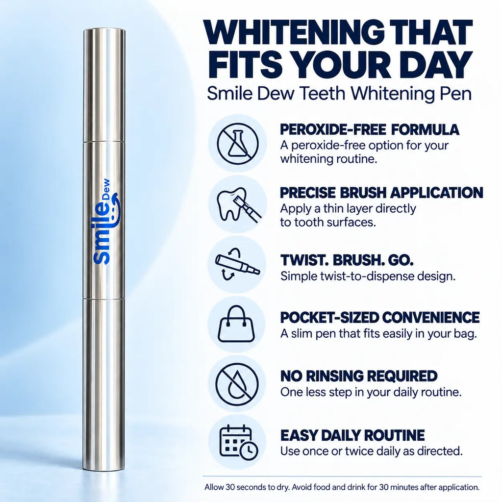 Smile Dew teeth whitening pen benefits: peroxide-free formula, precise brush application, pocket-sized for on-the-go whitening.