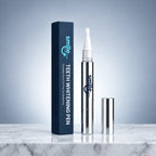 Smile Dew peroxide-free teeth whitening pen with exposed brush tip, silver cap and navy box on a marble surface.