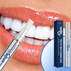 Smile Dew teeth whitening pen with exposed brush tip in front of a smiling mouth, alongside its navy box and capped pen.