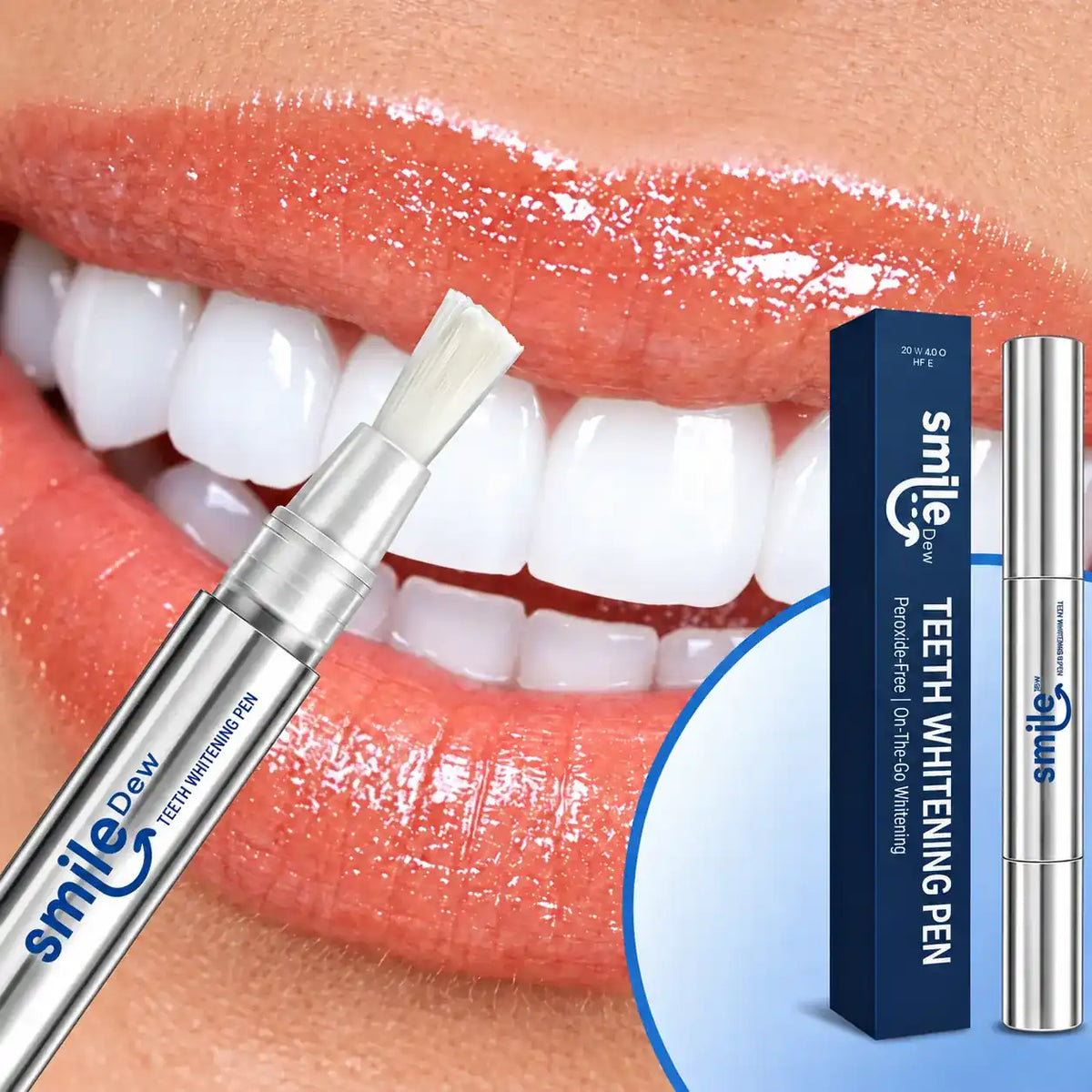 Smile Dew teeth whitening pen with exposed brush tip in front of a smiling mouth, alongside its navy box and capped pen.