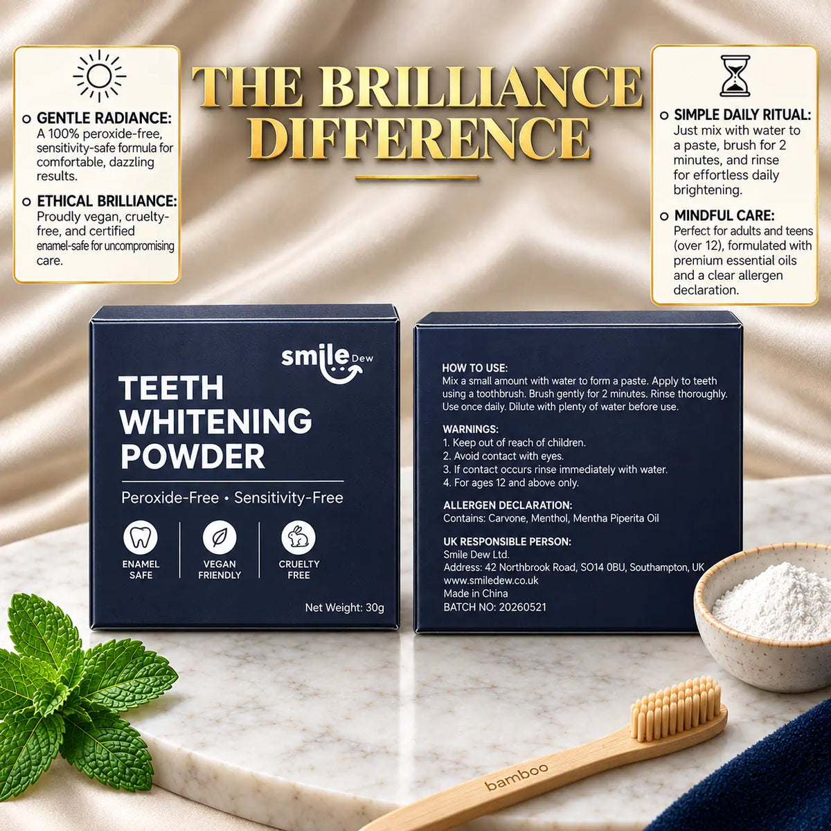 Smile Dew teeth whitening powder 30g, showing front and back packaging with usage instructions, warnings and allergen information.