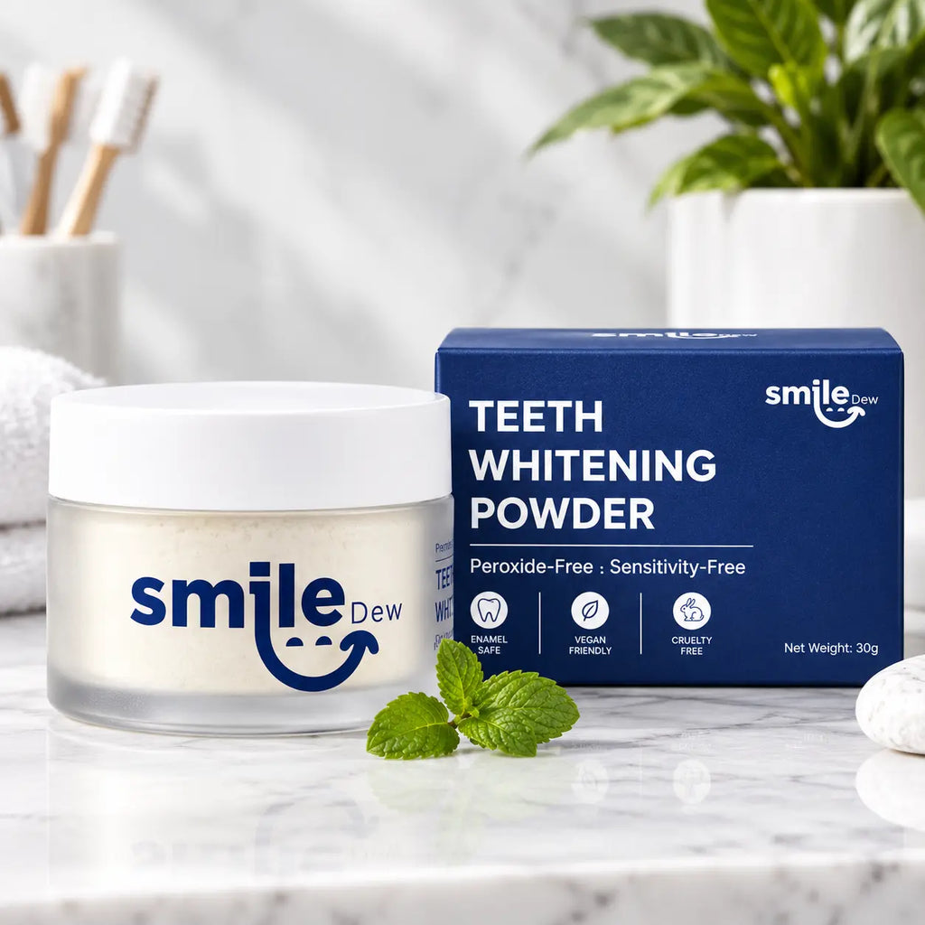 Smile Dew peroxide-free teeth whitening powder, 30g jar and box with PAP formula for sensitive teeth