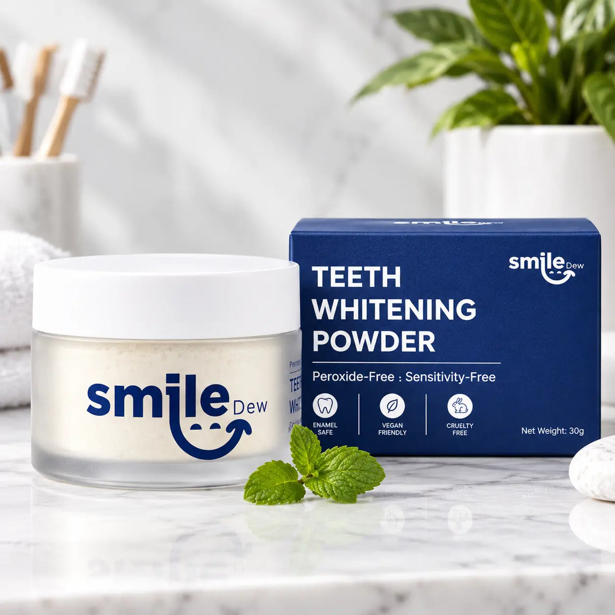 Smile Dew peroxide-free teeth whitening powder, 30g jar and box with PAP formula for sensitive teeth