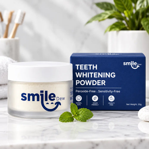 Smile Dew peroxide-free teeth whitening powder, 30g jar and box with PAP formula for sensitive teeth