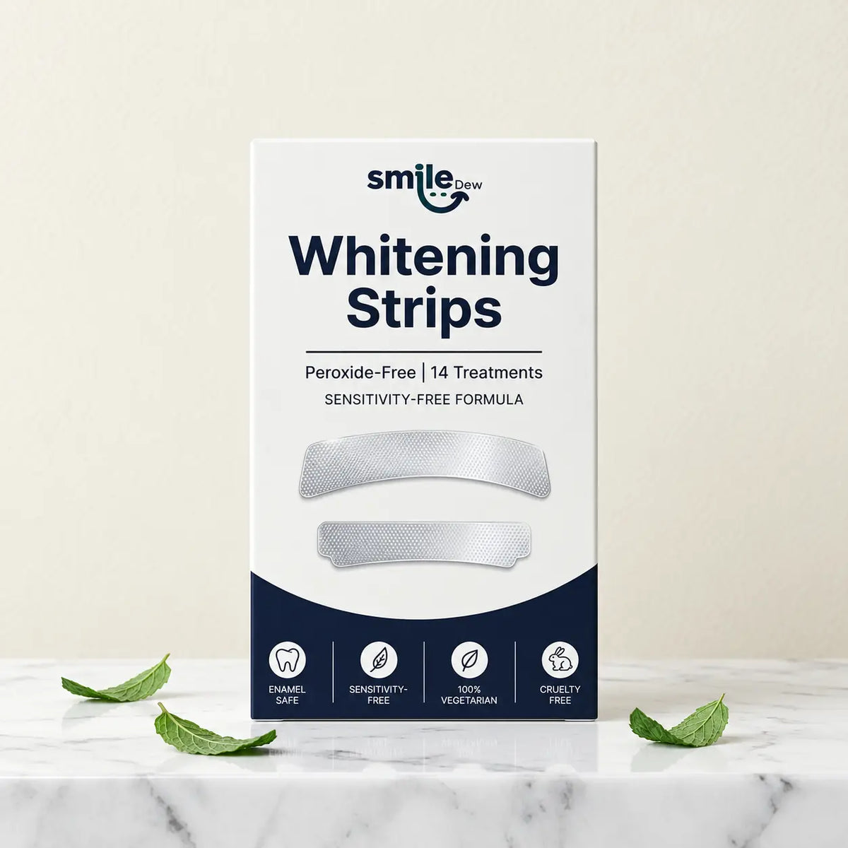 Smile Dew peroxide-free teeth whitening strips box on marble with fresh mint leaves, 14 day treatment