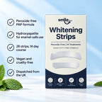 Smile Dew teeth whitening strips box beside a checklist of peroxide-free PAP formula, hydroxyapatite and vegan cruelty-free benefits