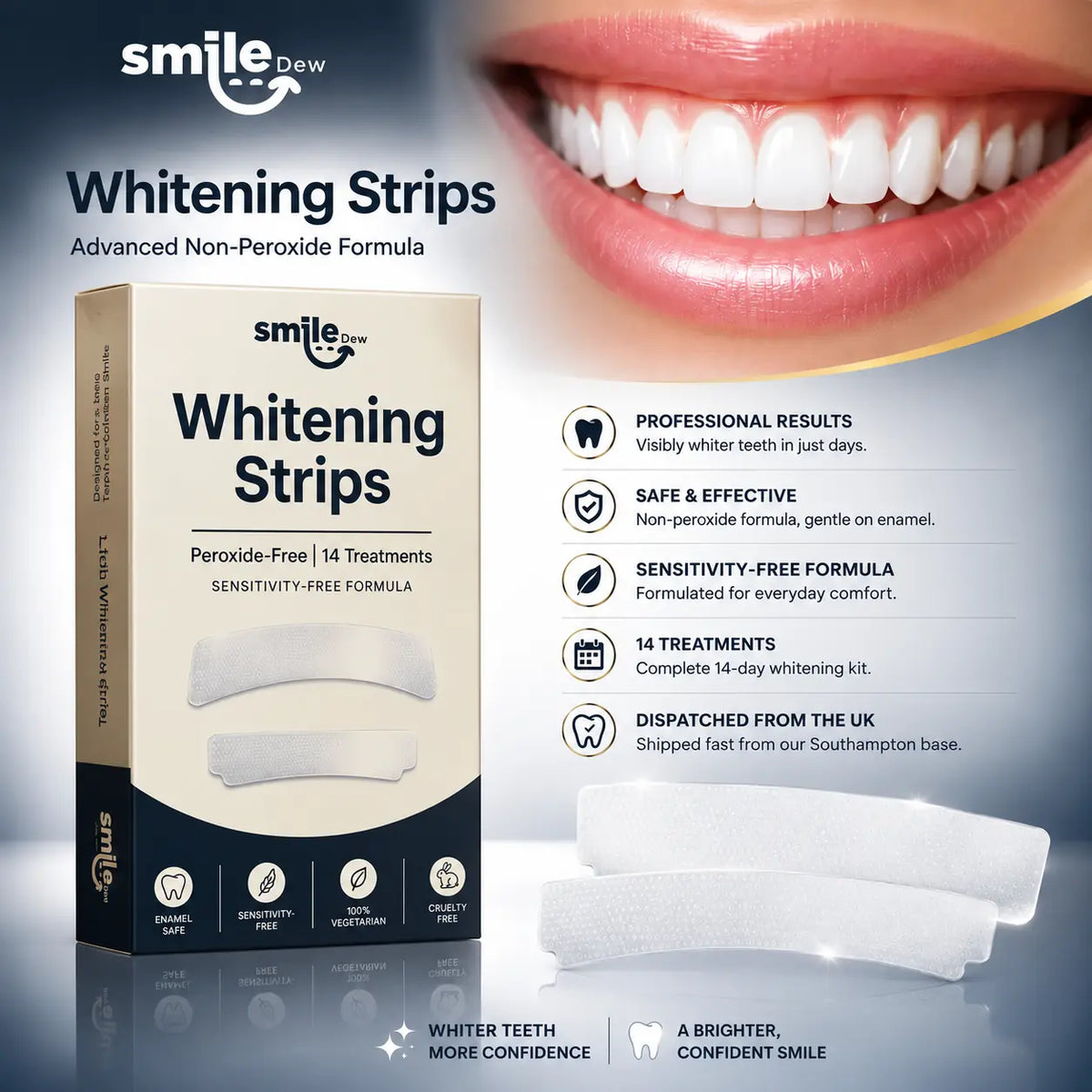 Smile Dew teeth whitening strips benefits: peroxide-free PAP formula, enamel safe, 14 treatment kit
