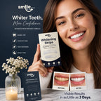 Woman holding Smile Dew teeth whitening strips packaging alongside a smile comparison photo