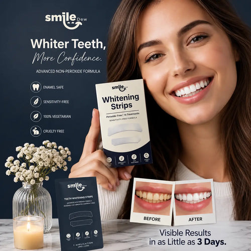 Woman holding Smile Dew teeth whitening strips packaging alongside a smile comparison photo